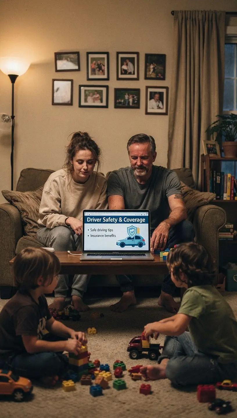 Ubezpieczenie pojazdu z widokiem na kierowcę zapinającego pasy bezpieczeństwa.